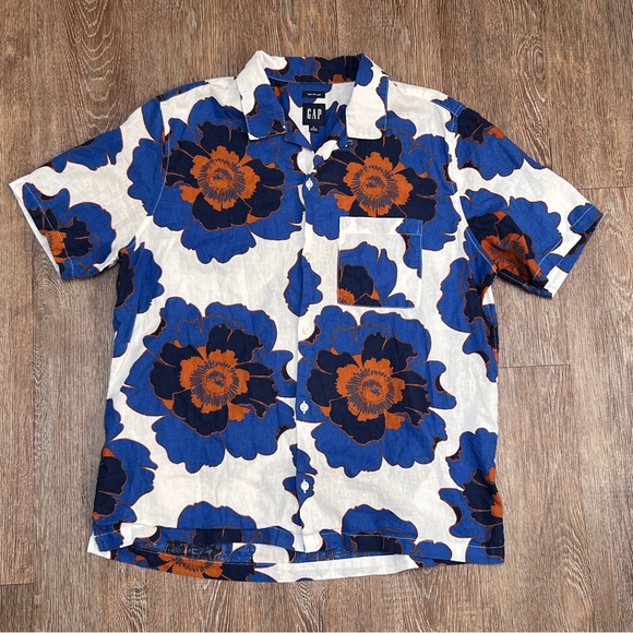 GAP Other - GAP Linen Cotton Floral Camp Collar Button Down Shirt Blue Orange | Size: L